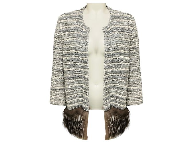 Carolina Herrera graue Strickjacke aus Wolle mit Fuchsfellsaum