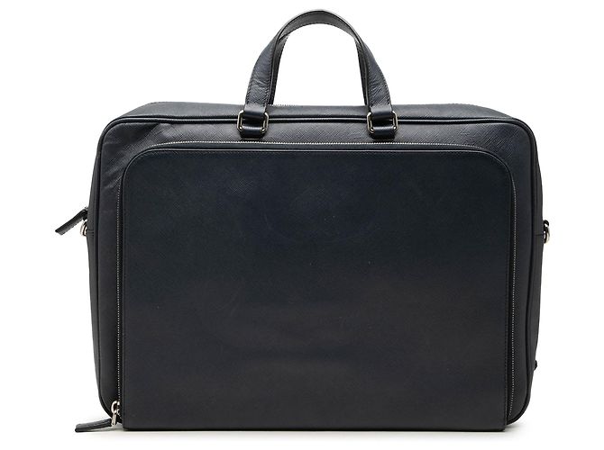 Borsa business Prada Saffiano Cuir nera con tasca frontale con zip da viaggio Nero