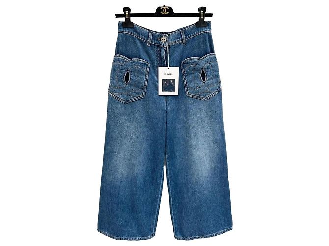 Jeans Chanel Wide Leg Denim Azul com Efeito Desgastado