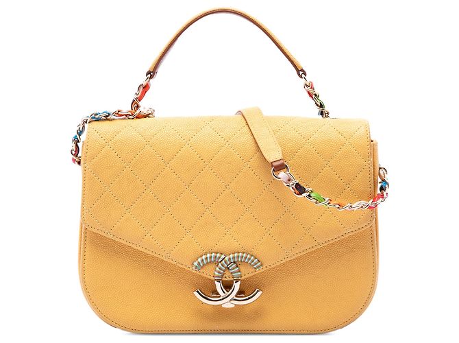 Borsa Satchel Chanel Paris Cuba Medium Quilted Caviar Thread Around Flap Gialla Giallo