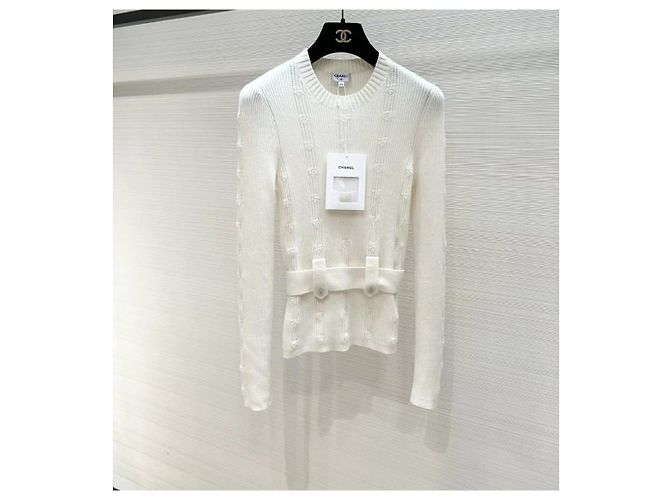 Chanel Kaschmir Stricktop Weiß mit Gürtel Mehrfarben