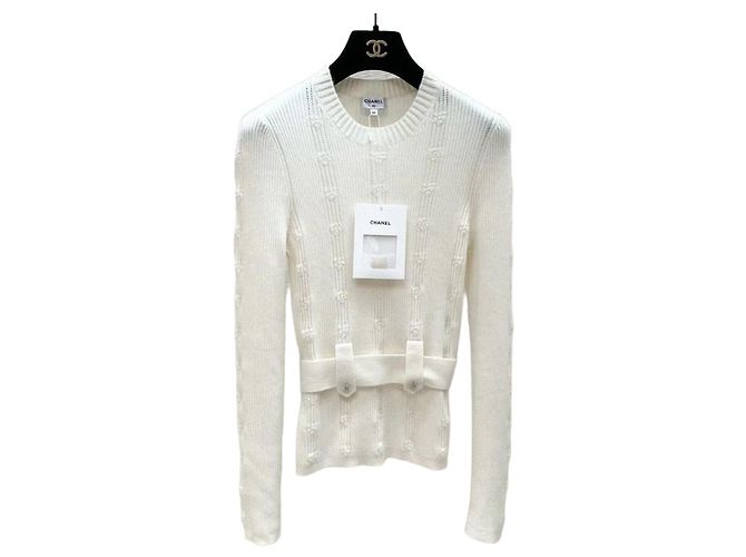 Chanel Kaschmir Stricktop Weiß mit Gürtel