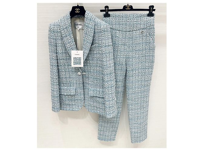 Set Due Pezzi Chanel Blazer e Pantaloni in Tweed Blu Multicolore
