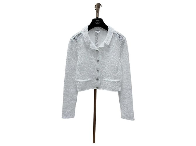 Chanel White Tweed Jacket with Sequined Camellia Logo Multiple colors