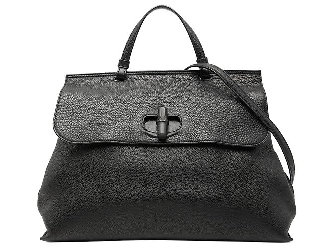 Bamboo Bolsa Satchel Daily Gucci Large em couro preto com bambu