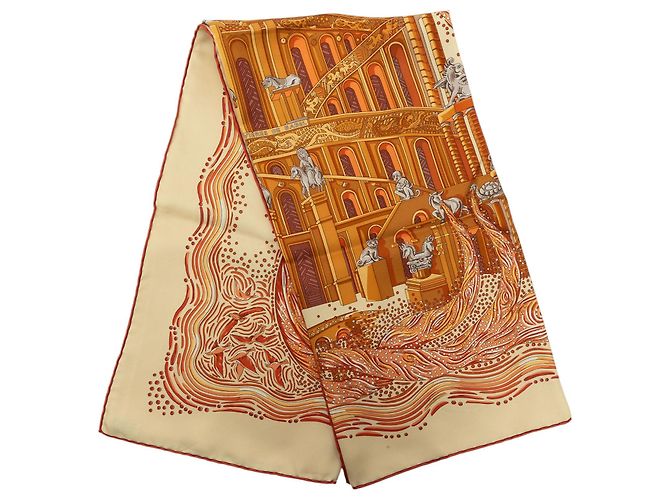 Lenço de seda Hermès Les Rivieres De Babel Bege 90
