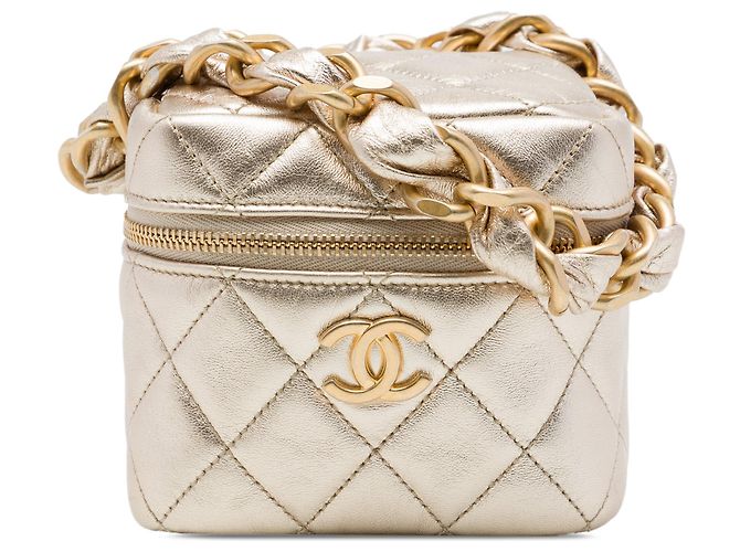 Goldene Chanel CC gesteppte Metallic-Lammleder Cube Zip Clutch mit Kette Vanity Bag