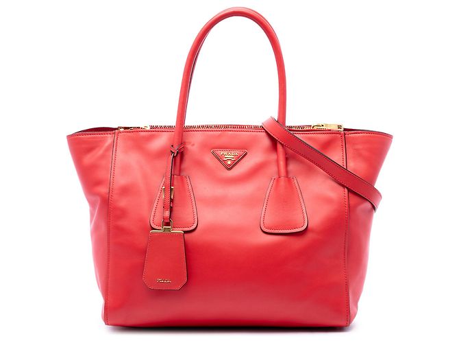 Double Bolsa Satchel Prada em couro de bezerro Glace vermelha com alça dupla e bolso duplo Vermelho