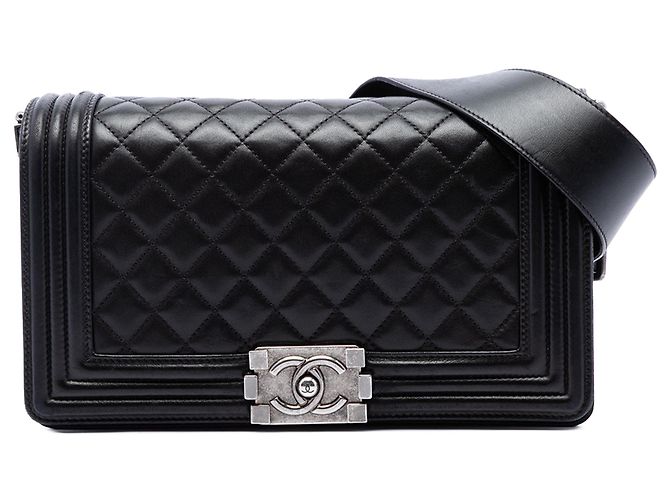 Borsa a tracolla Chanel Boy Flap in pelle d'agnello matelassé, nera, dimensione Old Medium Nero
