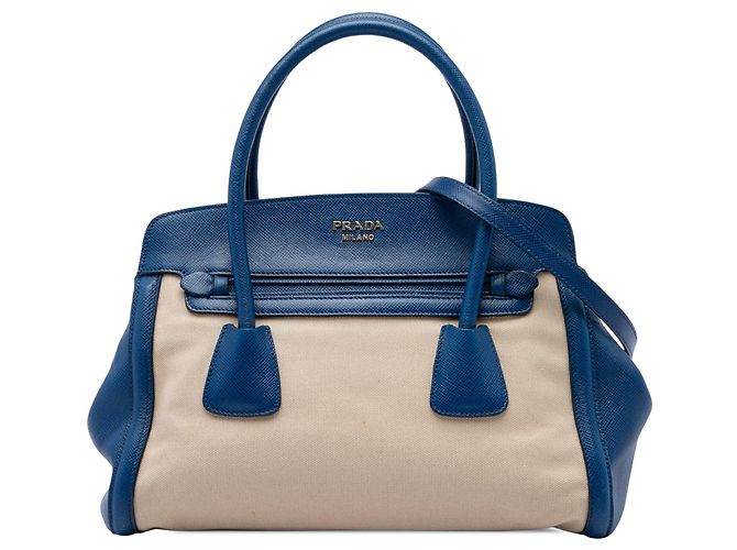Bolsa Satchel Prada em Canapa com acabamentos em couro Saffiano azul