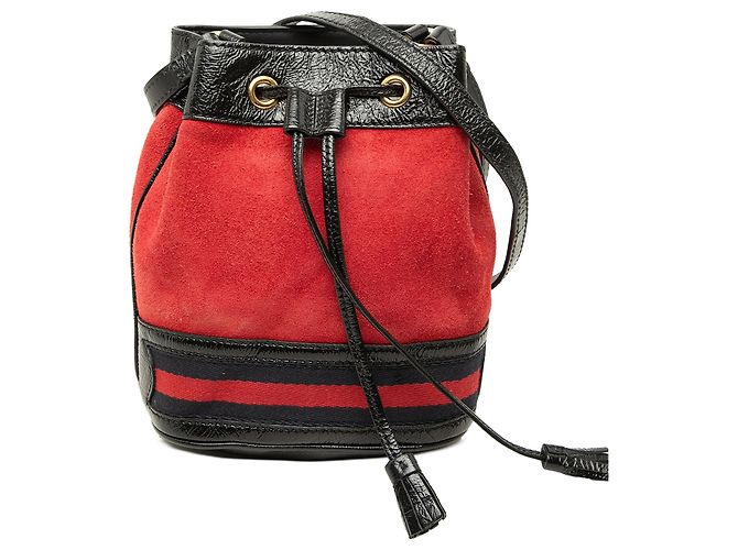 Mini borsa secchiello Ophidia Gucci in suede e vernice rossa con Web Rosso