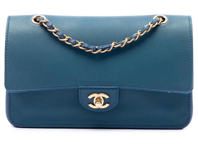 Borsa a tracolla Chanel Medium Classic Caviar Pure Double Flap Blu