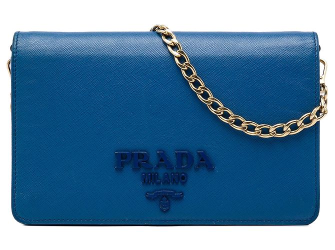 Borsa a tracolla Prada Saffiano Lux Monochrome Wallet on Chain Blu