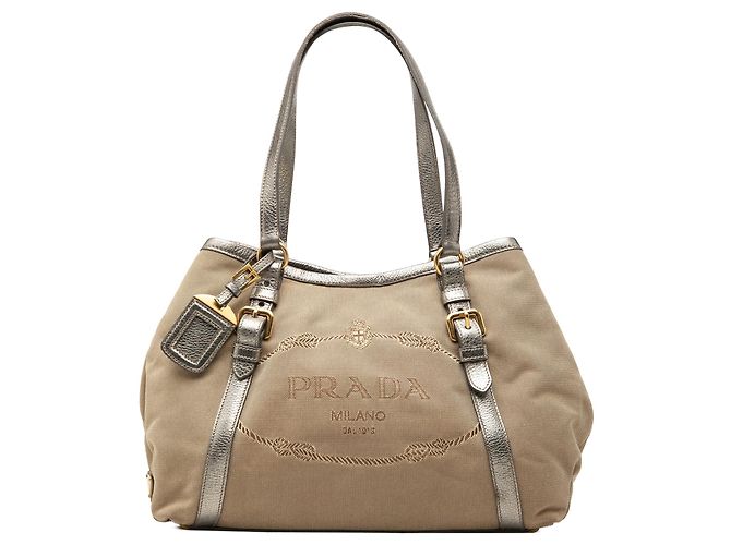 Tote Sacola Prada em lona Canapa com logo marrom