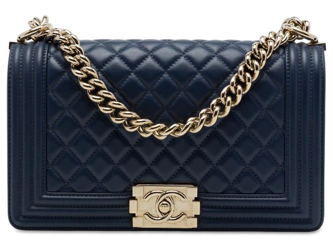 Borsa a tracolla Chanel Boy Flap in pelle d'agnello matelassé blu, dimensione Old Medium