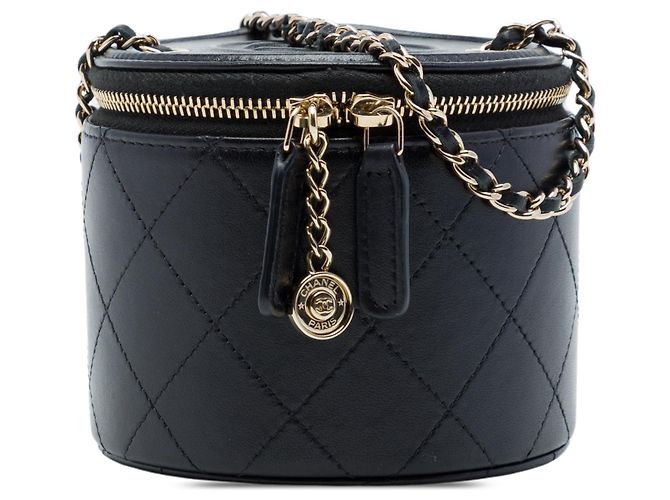 Bolsa Vanity Chanel Mini CC em pele de cordeiro acolchoada preta com corrente redonda Preto
