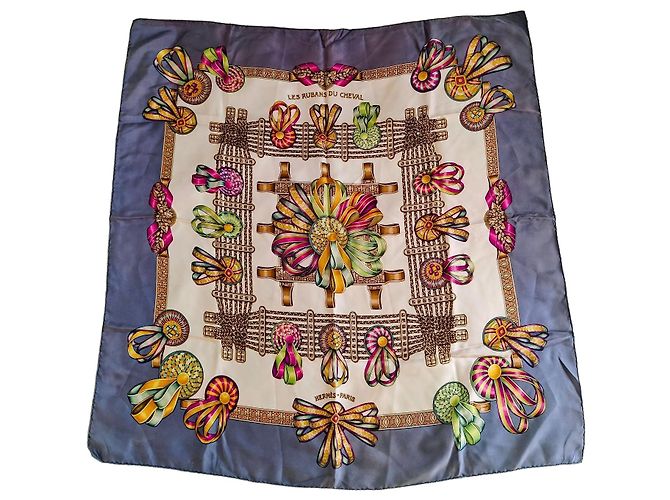 Hermès Carré 90 "Les Rubans du Cheval" Lenço de Seda Marrom Rosa Multicor Bege Verde Roxo Amarelo