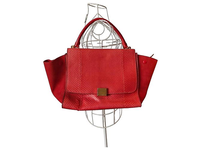 Trapèze Céline Celine Trapeze Tasche in Rot (Python & Wildleder)