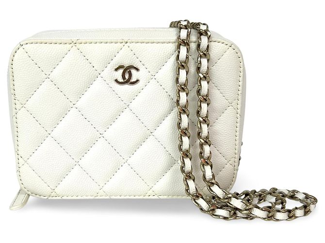 Chanel Square CC Chain Camera Quilted Caviar Mini Branco