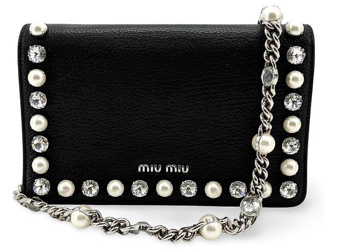 Clutch Miu Miu em couro com cristais e pérolas, Medium Preto