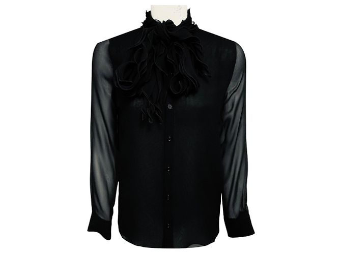 Blusa in seta Burberry a maniche lunghe con collo a fiocco e volant, nera Nero