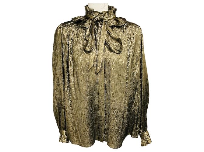 Chloé Chloe Lurex-Bluse mit goldfarbenem Metallic-Effekt, Rüschen und Bindeschleife am Hals Golden