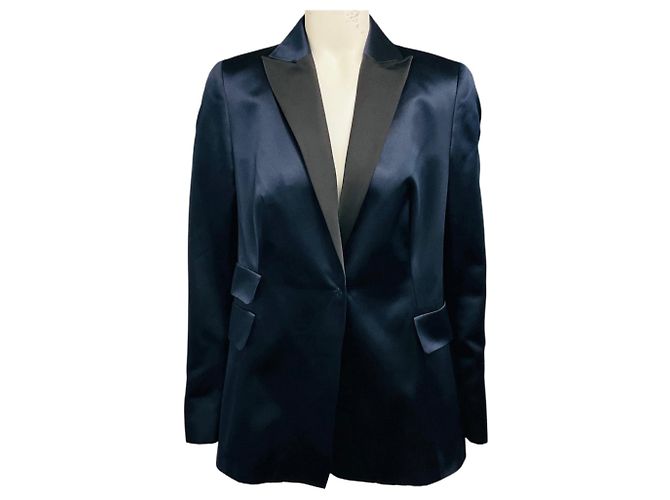 Akris Navy Blue / Black Silk Tuxedo Blazer Jacket