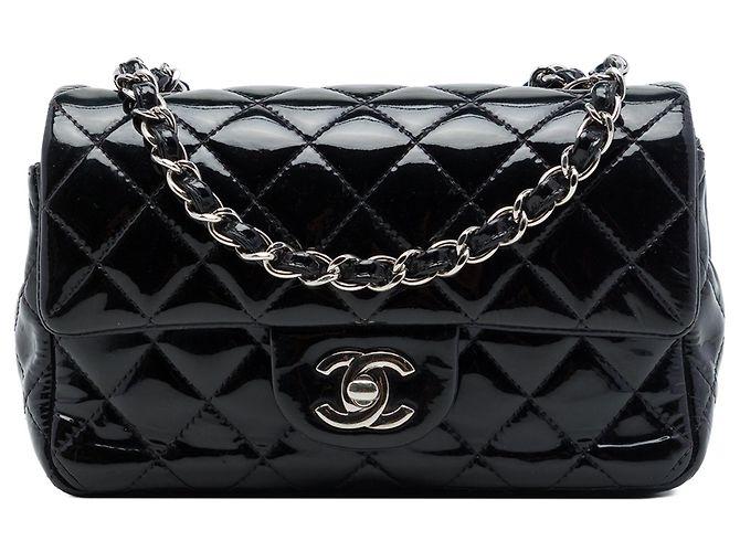 Bolsa Tiracolo Chanel Mini Rectangular Classic Single Flap em verniz preto