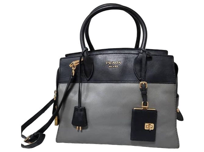 Prada Sac Cabas Medium Esplanade en Cuir Saffiano Gris/Noir
