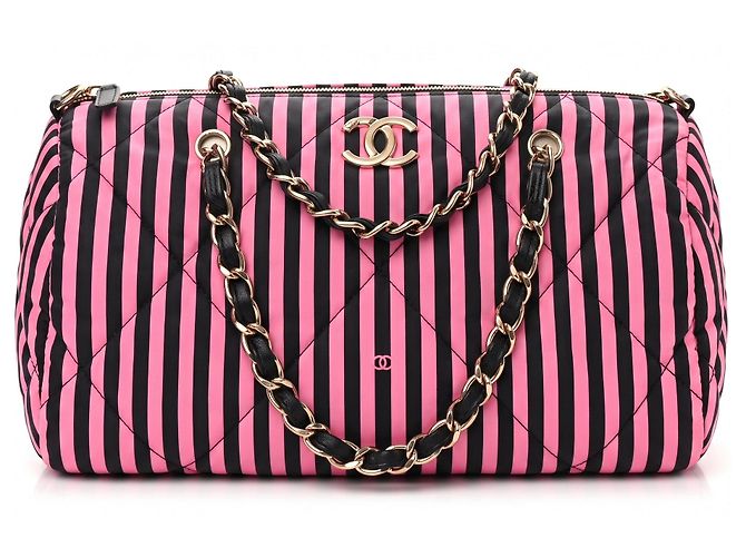 Chanel Borsa a mano in tessuto a righe rosa e nero