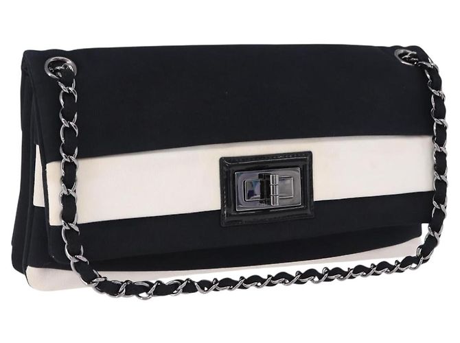 CHANEL 2.55 Chain Shoulder Bag Nylon Black Silver CC