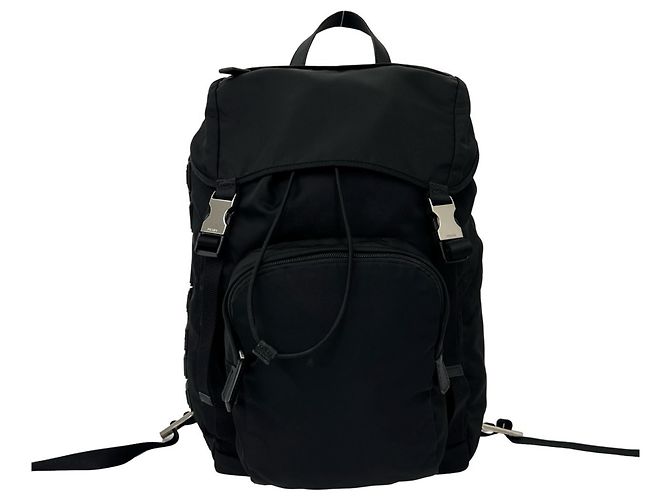 Prada Logo Tessuto Nylon Leather Backpack Black