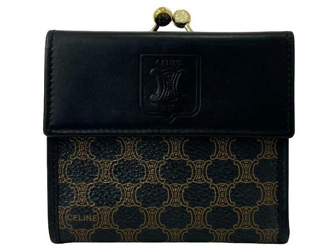 Céline Celine Vintage Macadam Triomphe Logo Leather Wallet Brown Black