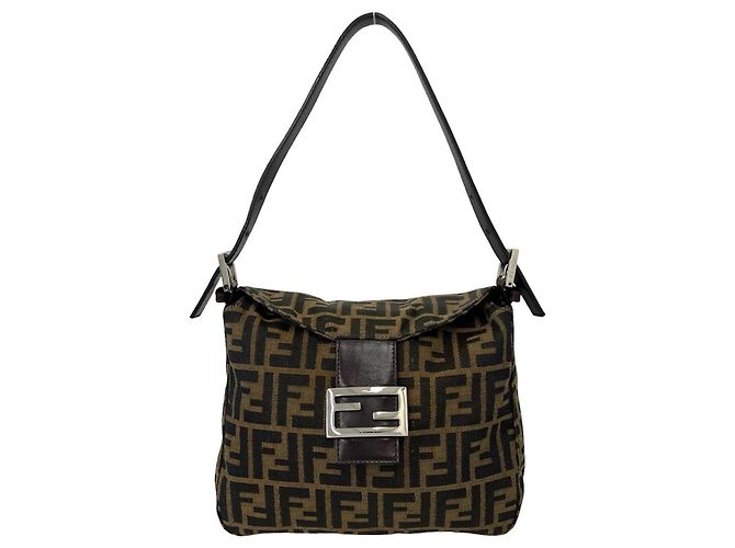 Borsa semi-one shoulder Fendi Zucca FF in canvas e pelle Marrone