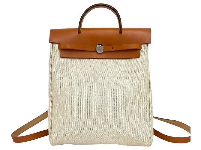Hermès HERMES Herbag Ad PM Toile H Leather Backpack Brown Cream