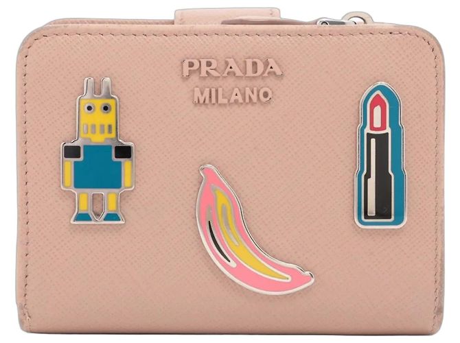 Carteira bi-fold em couro Saffiano Prada Bege