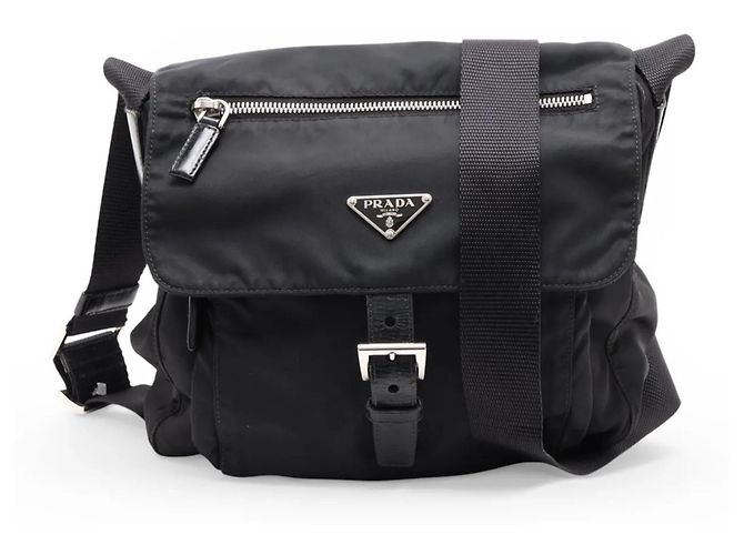 Prada Tessuto Nylon Triangle Logo Leather Shoulder Bag Black