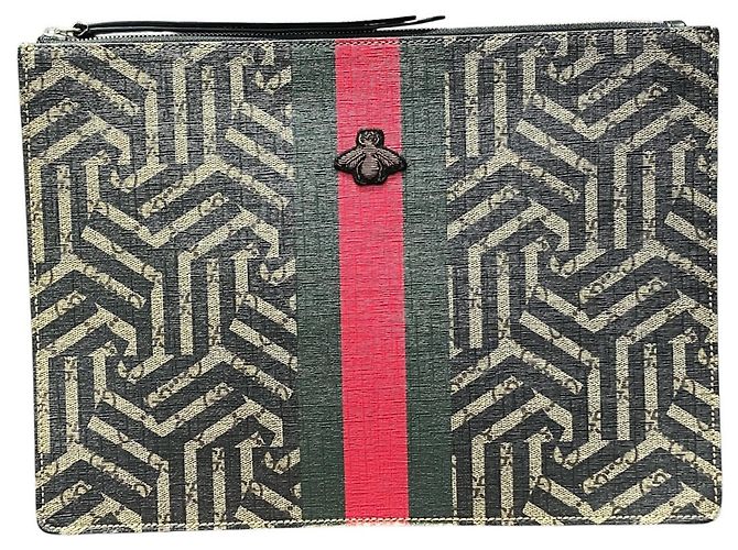 Clutch Gucci Bee Second Bag in pelle grigia Marrone