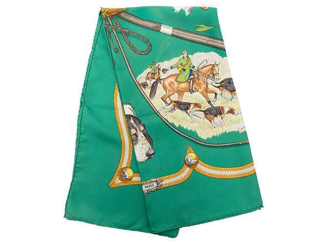 Lenço de seda Hermès Green Le Laisser Courre 90 Verde