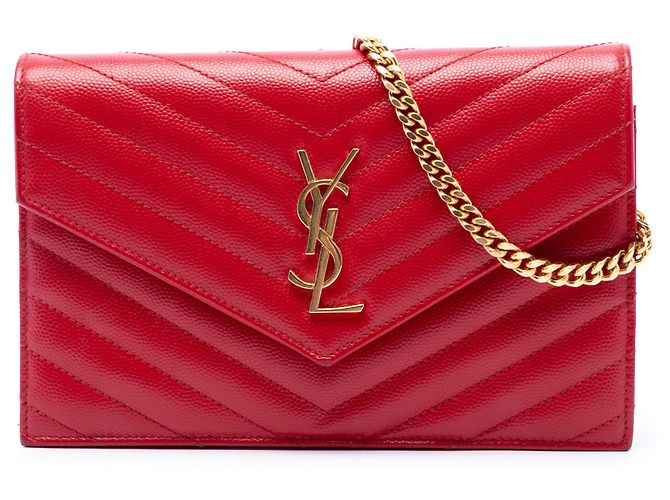 Autre Marque Saint Laurent Red Grain De Poudre Chevron Monogram Envelope Wallet on Chain Rot