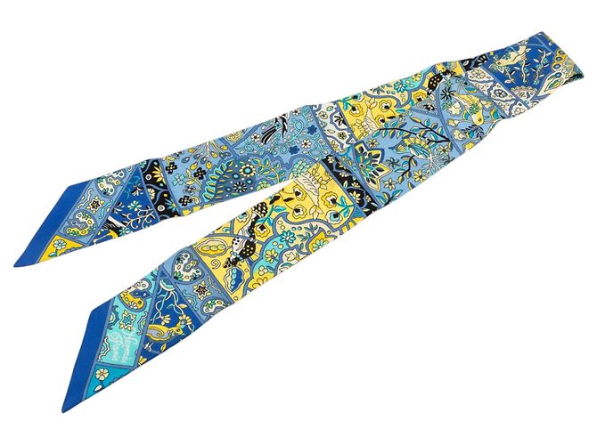 Lenço Twilly de seda Hermès Blue Au Pays des Oiseaux Fleurs Azul