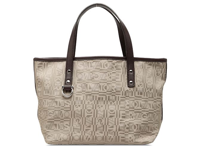 Salvatore Ferragamo Ferragamo Beige Logo Canvas Gancini Tote