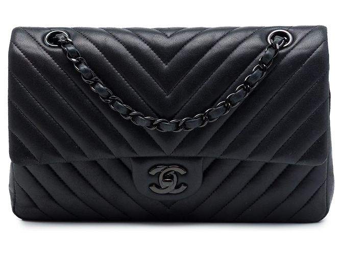 Chanel Black Medium Classic Chevron Lambskin So Black Double Flap Nero