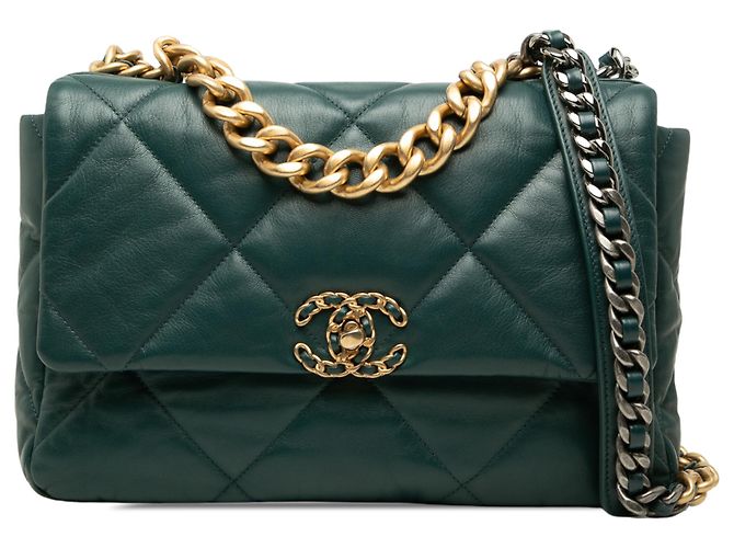 Chanel 19 Flap Large em pele de cordeiro verde Verde escuro