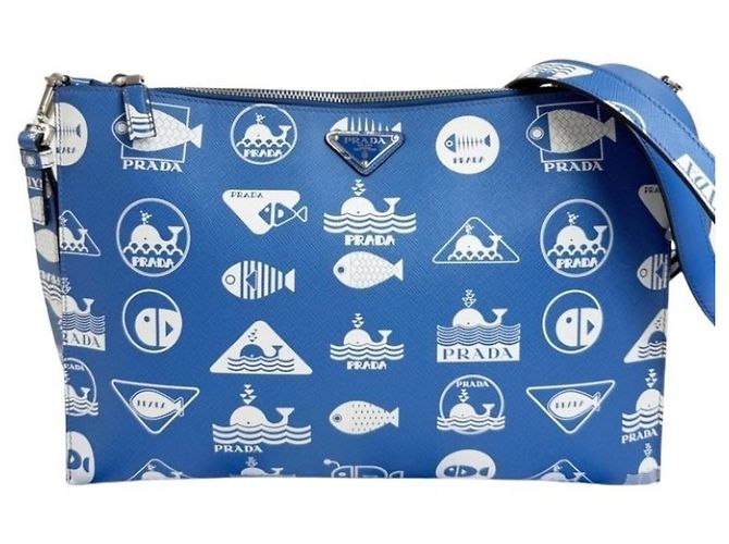 Bolsa de ombro Prada em couro Saffiano Branco Azul