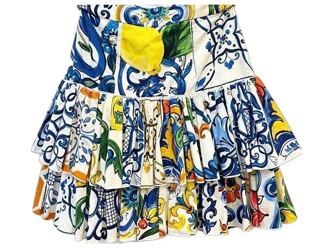 Dolce & Gabbana Minifalda Escalonada Estampado Majolica Blanco Roja Azul Verde Naranja Amarillo