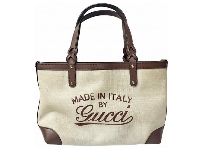Saco Tote Gucci em lona e couro bege e castanho Marrom