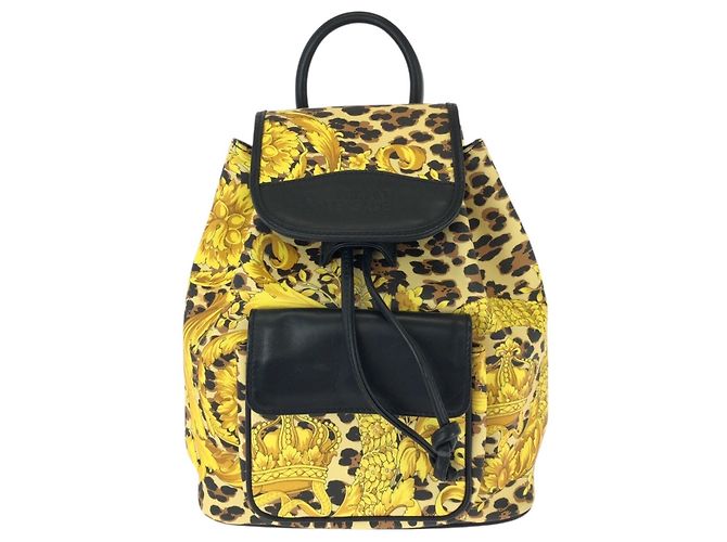 Versace Vintage Rucksack mit Barock-Muster Schwarz Gelb