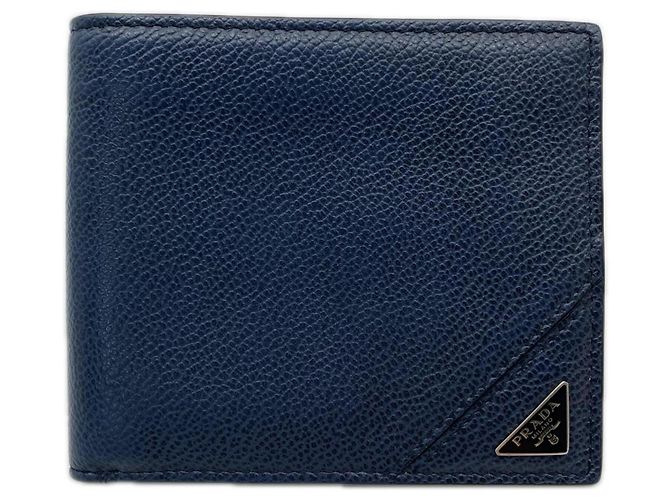 Prada Vitello Daino Triangle Logo Bi-fold Wallet Navy blue