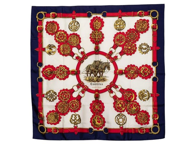 Hermès Hermes Carre 90 Cuivreries Copperwork Scarf Weiß Rot Marineblau